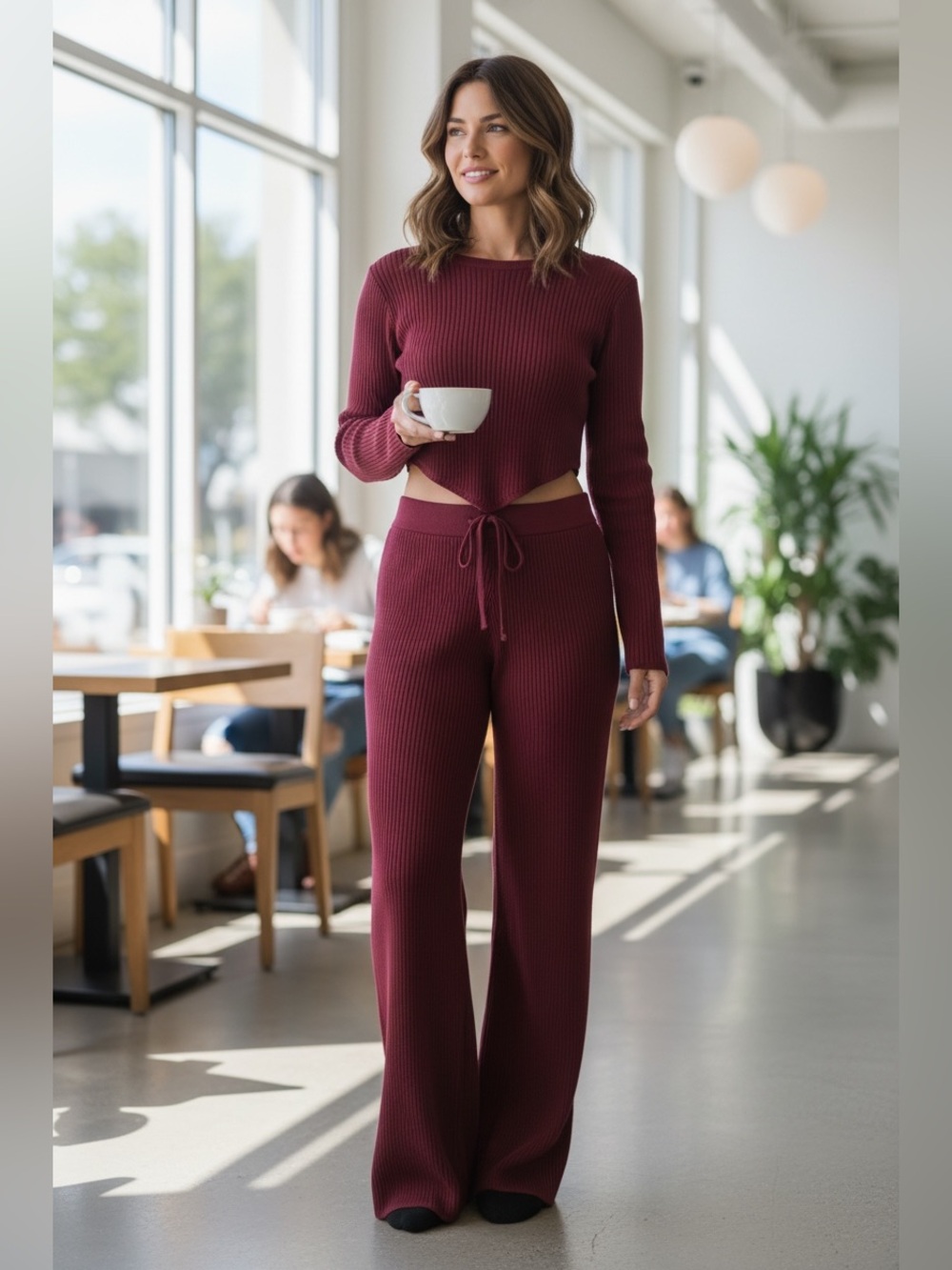 Ribbed Wide-Leg Knit Pants -wine